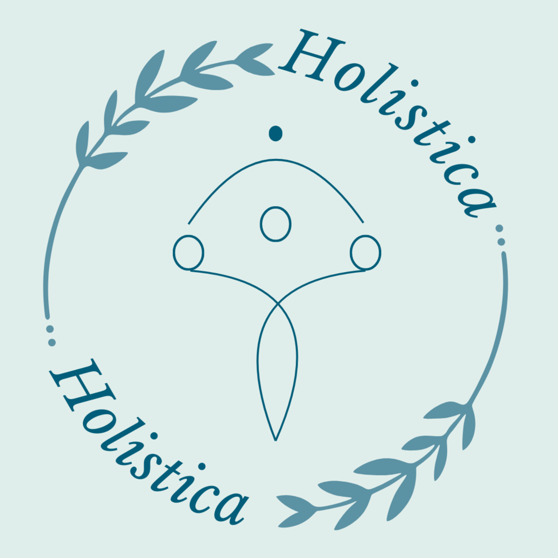 Kék vonalas rajz, holisztikus szimbólum, 3 kör egymás mellett emberi testet ábrázolva, körben levélfonat díszítéssel, "Holistica" felirattal alul felül.